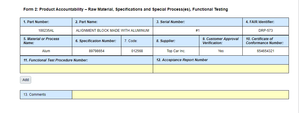 High QA support AS9102 Rev C Form 2 for FAI manufacturing quality documents